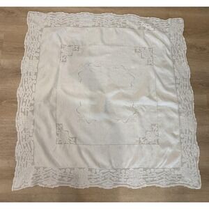 Vtg White Tablecloth Square Cotton Lace Edge  Traditional English Cottage Shabby